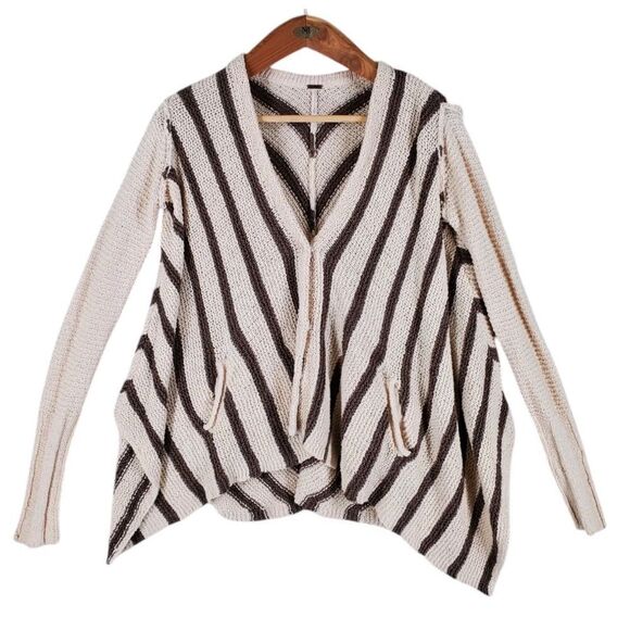 Free People Knit Cardigan Sweater sz S Beige Brown Striped Oversize V-Neck - Picture 2 of 13